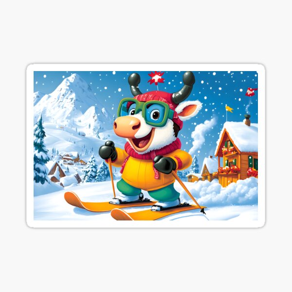 Item preview, Cheerful cartoon cow skiing in snowy mountain scene. designed and sold by Artessie.