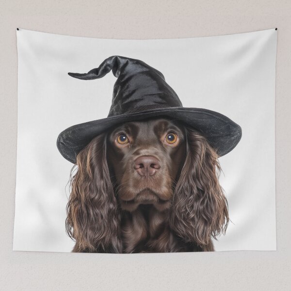 Item preview, Sussex Spaniel dog Wearing Halloween Witch Hat designed and sold by LazyOwlStore.