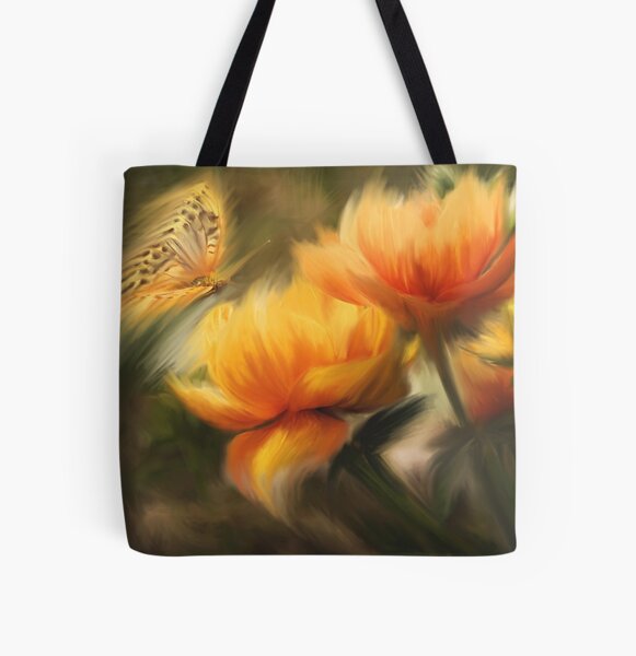 Golden Garden Dream - Yellow Flowers and Butterfly in Soft Light All Over Print Tote Bag