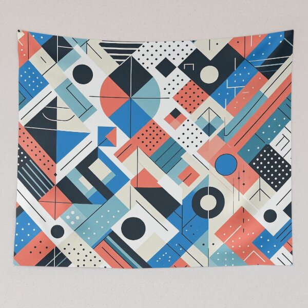 Item preview, Geometric Pattern 70s Architectural Style in Blue and Orange Tones designed and sold by JohnnyVillas.