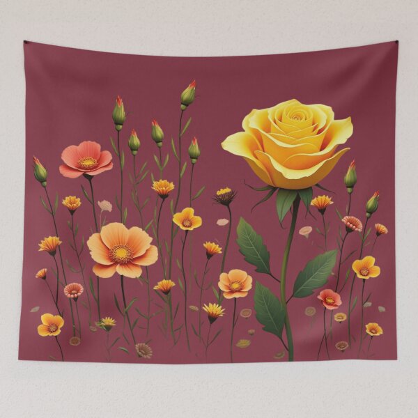 Item preview, Wildflowers and a Yellow Rose to the Right #2 - Deep Burgundy Background #5010DBD designed and sold by Wildflower Rose.