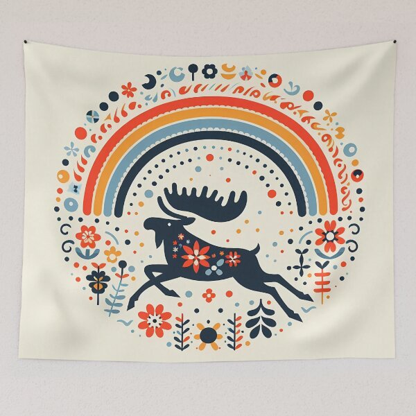 Item preview, Scandinavian Folk Art Sprinting Moose – Wild Antlers and Northern Migration by heidiannemorris designed and sold by FOLK ART FUSION by heidiannemorris.