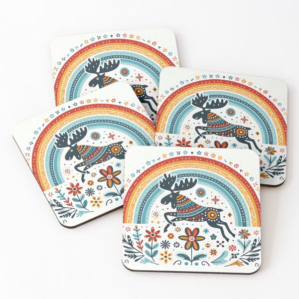 Item preview, Scandinavian Folk Art Running Moose – Colourful Journey North by heidiannemorris designed and sold by FOLK ART FUSION by heidiannemorris.