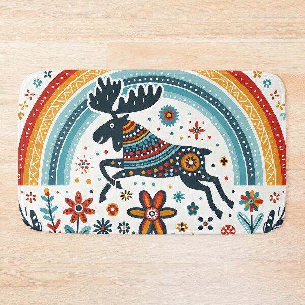 Item preview, Scandinavian Folk Art Running Moose – Colourful Journey North by heidiannemorris designed and sold by FOLK ART FUSION by heidiannemorris.