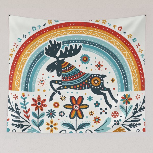 Item preview, Scandinavian Folk Art Running Moose – Colourful Journey North by heidiannemorris designed and sold by FOLK ART FUSION by heidiannemorris.