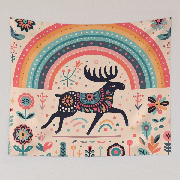 Item preview, Scandinavian Folk Art Bounding Moose – Folk Migration Magic by heidiannemorris designed and sold by FOLK ART FUSION by heidiannemorris.