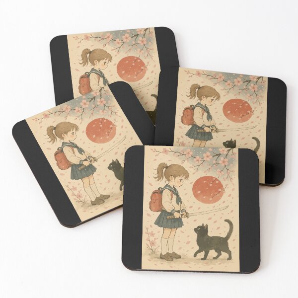 Item preview, Kawaii Samurai Girl Black Cat Japanese Vintage designed and sold by TomFrontierArt.