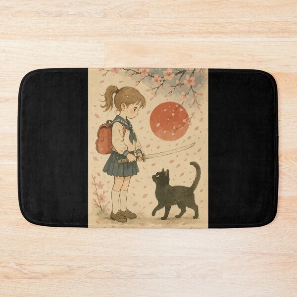 Item preview, Kawaii Samurai Girl Black Cat Japanese Vintage designed and sold by TomFrontierArt.
