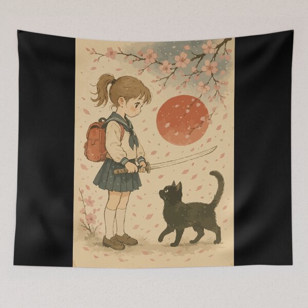 Item preview, Kawaii Samurai Girl Black Cat Japanese Vintage designed and sold by TomFrontierArt.