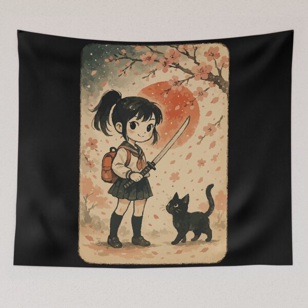 Item preview, Kawaii Samurai Girl Cat Japanese Vintage designed and sold by TomFrontierArt.