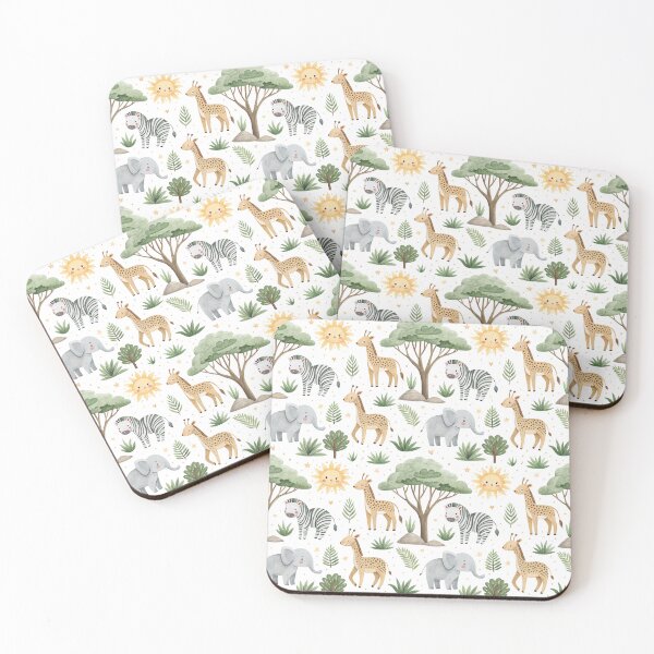 Item preview, Seamless pattern in playful character cute simple doodle drawn with watercolor brush of elephant, zebra, cheetah and gazelle with sun icon, rock and acacia tree drawing. designed and sold by CreativebyTKK.