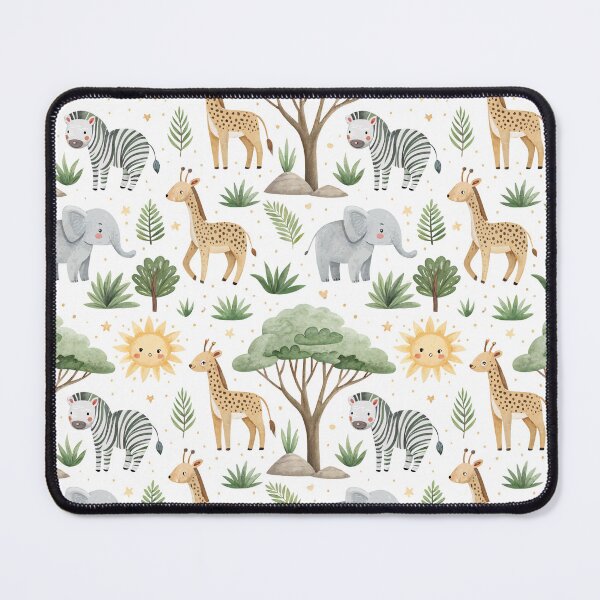 Item preview, Seamless pattern in playful character cute simple doodle drawn with watercolor brush of elephant, zebra, cheetah and gazelle with sun icon, rock and acacia tree drawing. designed and sold by CreativebyTKK.