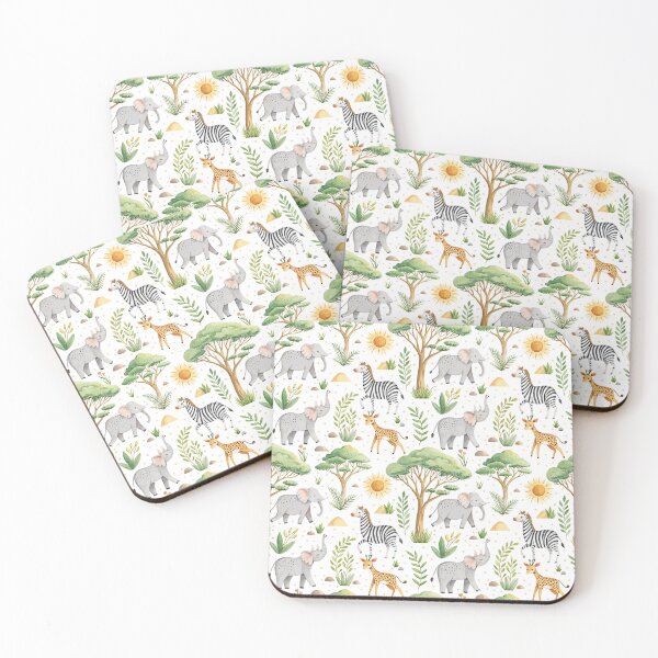Item preview,  Seamless pattern in playful character cute simple doodle drawn with watercolor brush of elephant, zebra, cheetah and gazelle with sun icon, rock and acacia tree drawing. designed and sold by CreativebyTKK.