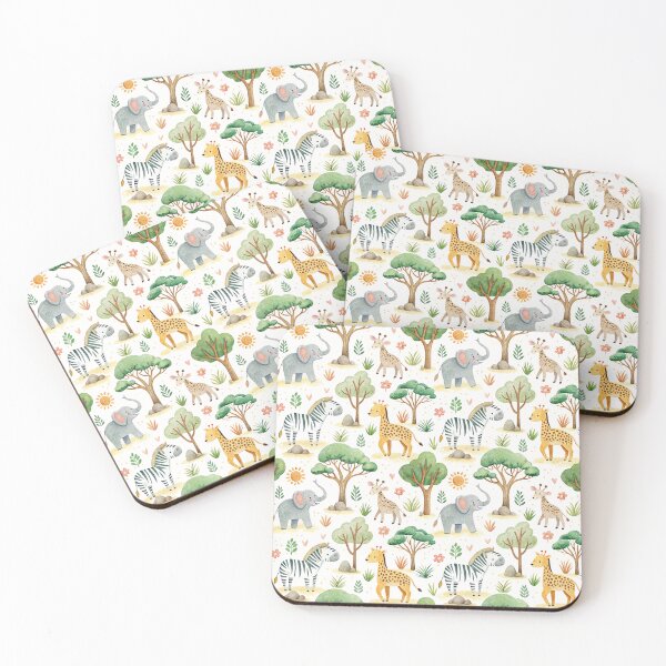 Item preview,  Seamless pattern in playful character cute simple doodle drawn with watercolor brush of elephant, zebra, cheetah and gazelle with sun icon, rock and acacia tree drawing. designed and sold by CreativebyTKK.
