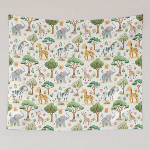 Item preview,  Seamless pattern in playful character cute simple doodle drawn with watercolor brush of elephant, zebra, cheetah and gazelle with sun icon, rock and acacia tree drawing. designed and sold by CreativebyTKK.
