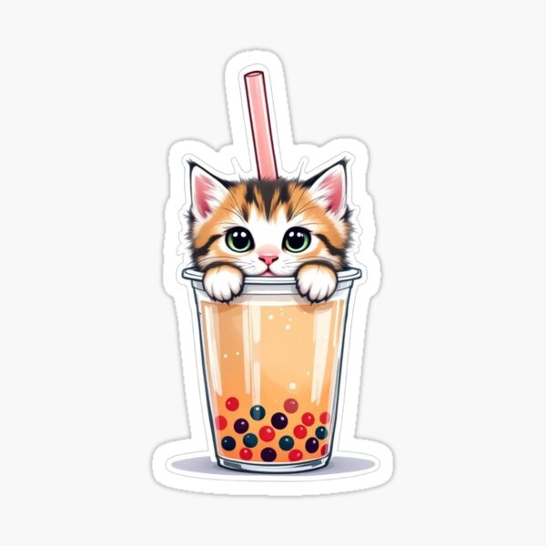 Vista previa del artículo con la obra «Un lindo gatito en una taza de té de burbujas con una pajita.», diseñado y vendido por The Cute World of Aleksa .