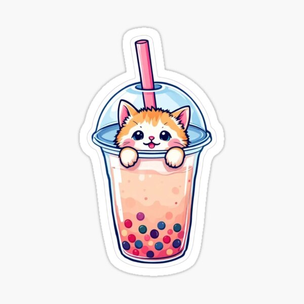 Vista previa del artículo con la obra «Un lindo gatito en una taza de té de burbujas con una pajita.», diseñado y vendido por The Cute World of Aleksa .