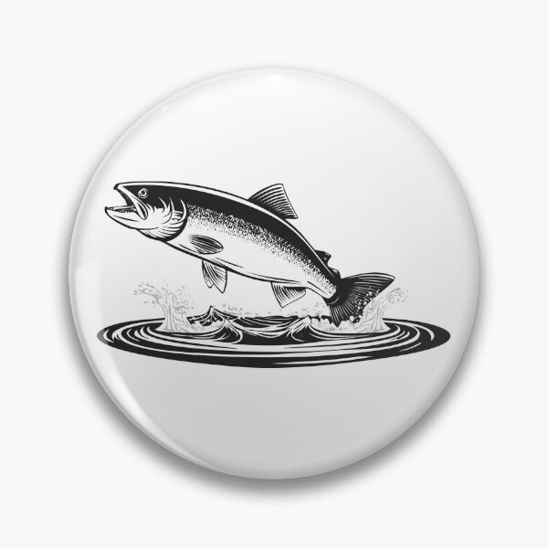 Item preview, Black and white illustration of a jumping atlantic salmon fish (Salmo salar) Leaping Salmon isolated on white background, fish jumping out of water, Salmon fish jumping out of river water, designed and sold by Danler.