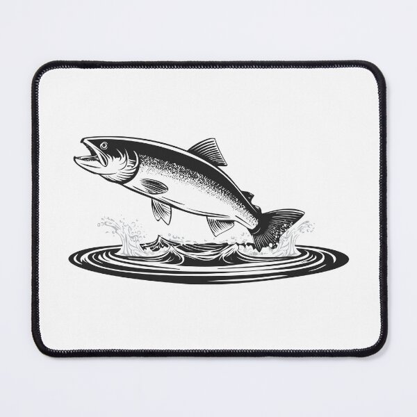 Item preview, Black and white illustration of a jumping atlantic salmon fish (Salmo salar) Leaping Salmon isolated on white background, fish jumping out of water, Salmon fish jumping out of river water, designed and sold by Danler.