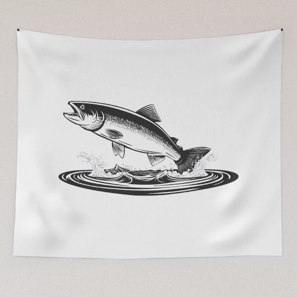 Item preview, Black and white illustration of a jumping atlantic salmon fish (Salmo salar) Leaping Salmon isolated on white background, fish jumping out of water, Salmon fish jumping out of river water, designed and sold by Danler.