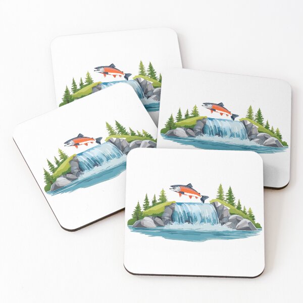 Item preview, Illustration of a jumping atlantic salmon fish in waterfall (Salmo salar) Leaping Salmon isolated on white background, fish jumping out of water, Salmon fish jumping out of river water designed and sold by Danler.