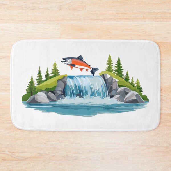 Item preview, Illustration of a jumping atlantic salmon fish in waterfall (Salmo salar) Leaping Salmon isolated on white background, fish jumping out of water, Salmon fish jumping out of river water designed and sold by Danler.