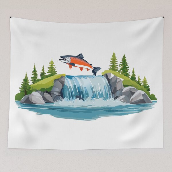 Item preview, Illustration of a jumping atlantic salmon fish in waterfall (Salmo salar) Leaping Salmon isolated on white background, fish jumping out of water, Salmon fish jumping out of river water designed and sold by Danler.