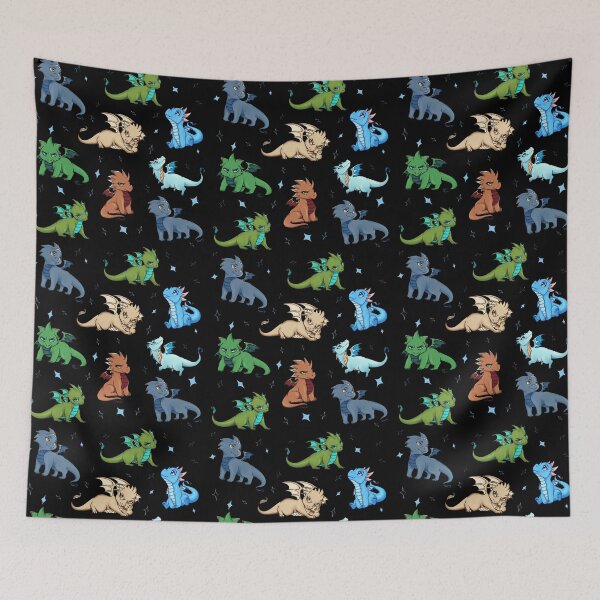 Item preview, Dragon Chibis Pattern - - Black Background, Blue Stars - Dragon Characters from Blue Ridge Magic by MA Innes designed and sold by CutiesNKink.