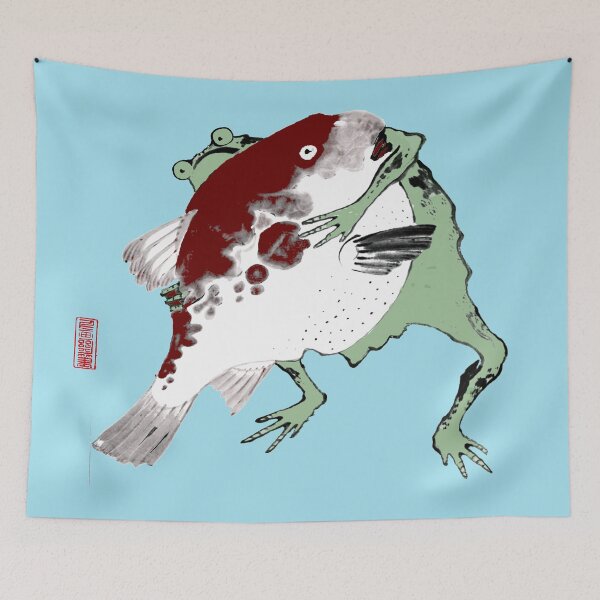 Item preview, Determined Hungry Japanese Frog Toad with Fish 19th Century designed and sold by Pixelchicken.