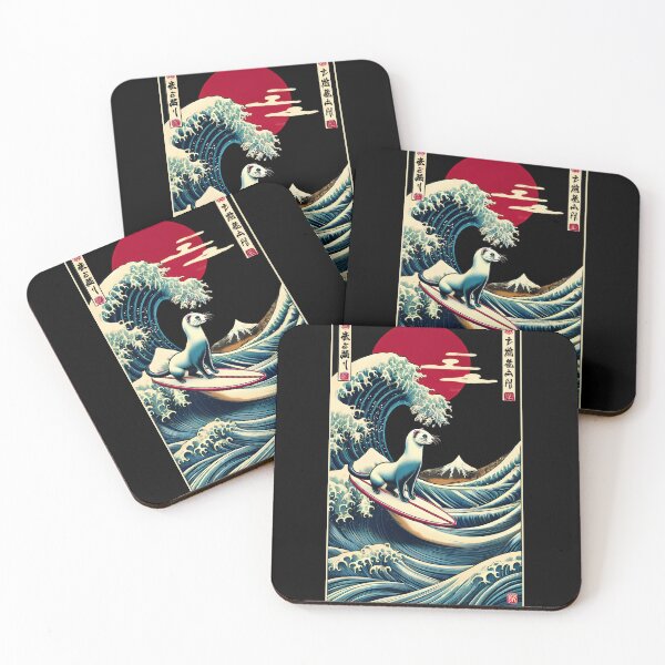 Aperçu de l'œuvre Furet Kanagawa Wave Surf Planche de surf Art japonais Amoureux des furets créée et vendue par Kimberley King Art King Art.