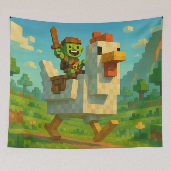 Item preview, Whimsical Goblin Riding a Giant Chicken - Fantasy Voxel Adventure Art designed and sold by Pixel  Playground.