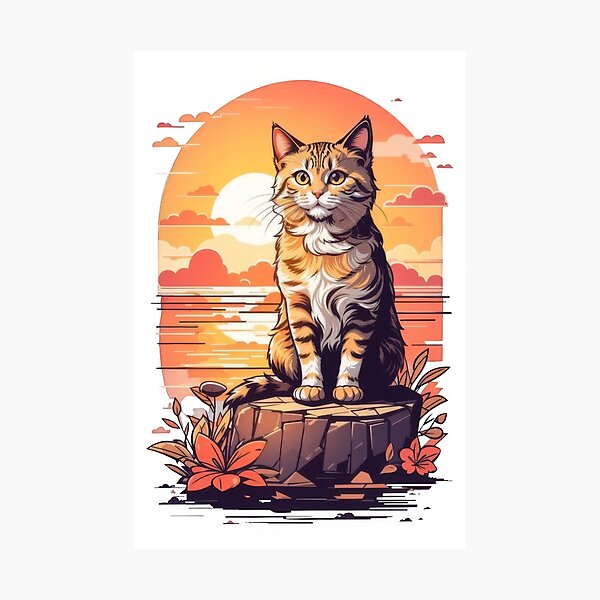 Item preview, Tabby Cat Watching Sunset - Serene Tropical Beach Art designed and sold by Pixel  Playground.