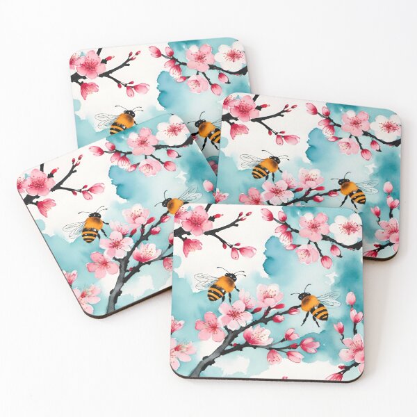 Item preview, Bees And Pink Cherry Blossoms With A Blue Sky And White Clouds Background designed and sold by CarrollGene.
