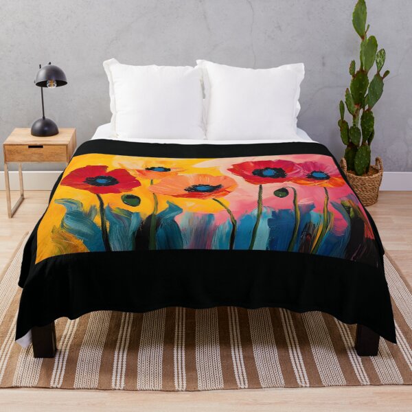 Item preview, Dance of Color - Vibrant Red and Orange Poppies Stand Against a Bright Swirling Yellow and Pink Background Digital AI Art designed and sold by OlfactoART Studio.