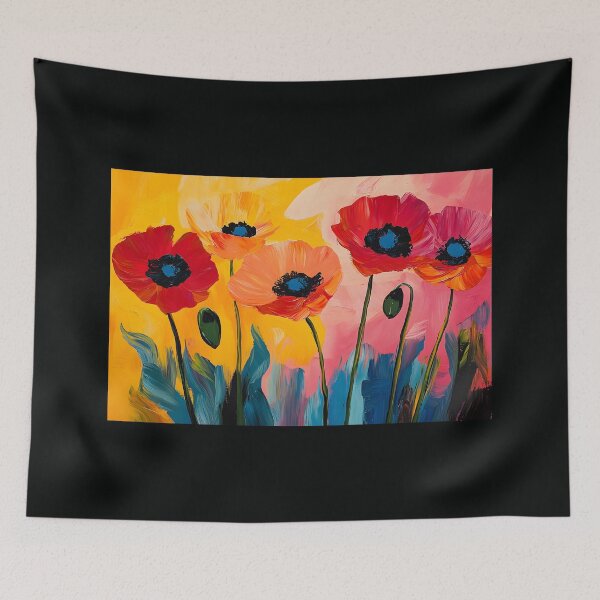 Item preview, Dance of Color - Vibrant Red and Orange Poppies Stand Against a Bright Swirling Yellow and Pink Background Digital AI Art designed and sold by OlfactoART Studio.