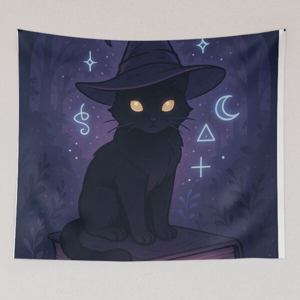 Item preview, Mystical witch cat on spell book – Magical night illustration designed and sold by TheMysticCats.