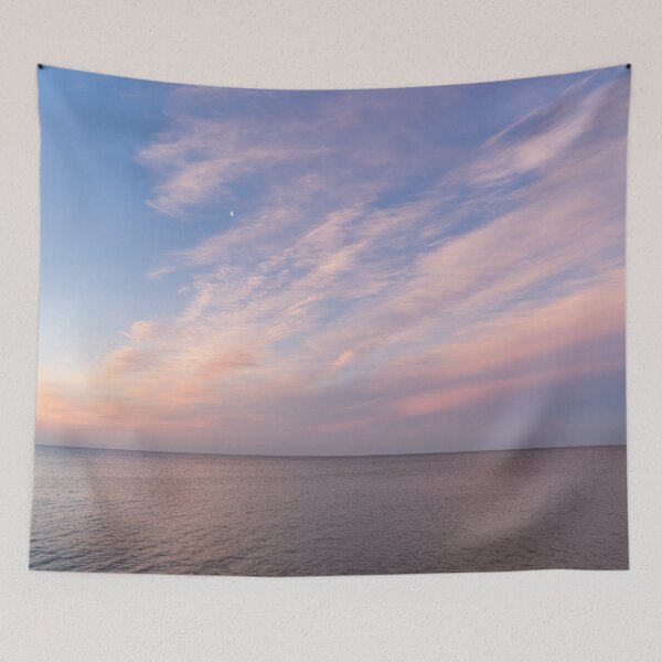 Item preview, Sunrise Moonset - Feathery Clouds and Crescent Moon over Water designed and sold by Georgia Mizuleva.