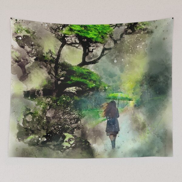 Aperçu de l'œuvre Promenade sous le parapluie vert – Scène de forêt aquarelle de rêve créée et vendue par ArtStyleAlice.