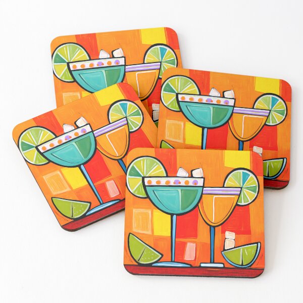 Item preview, Geometric Cocktail Duo - Bold Blue and Orange Glasses with Lime Slices in Vibrant Geometric Setting designed and sold by OlfactoART Studio.