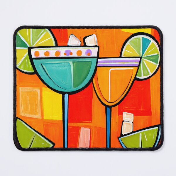 Item preview, Geometric Cocktail Duo - Bold Blue and Orange Glasses with Lime Slices in Vibrant Geometric Setting designed and sold by OlfactoART Studio.