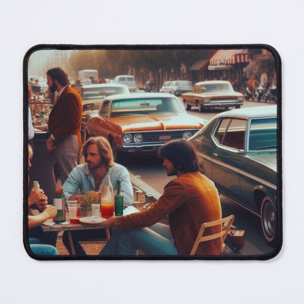 Item preview, Chill 1970s San Jose – AI Artwork Colorful Streetside Café Scene for City Lovers, Travelers, and Vintage Enthusiasts designed and sold by knalpot-design.