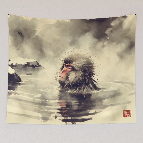 Item preview, Japanese Sumi-E "A monkey enjoying a hot spring" Art  designed and sold by Studio NODOKA.