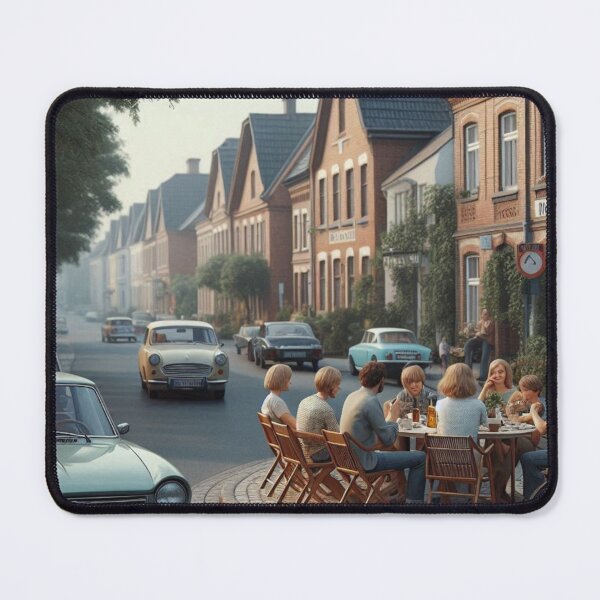 Item preview, Chill 1970s Großhansdorf – AI Artwork Colorful Streetside Café Scene for City Lovers, Travelers, and Vintage Fans designed and sold by knalpot-design.