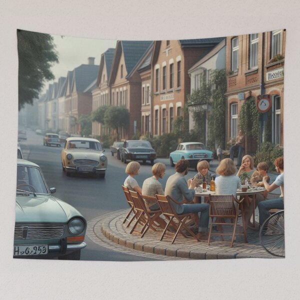 Item preview, Chill 1970s Großhansdorf – AI Artwork Colorful Streetside Café Scene for City Lovers, Travelers, and Vintage Fans designed and sold by knalpot-design.