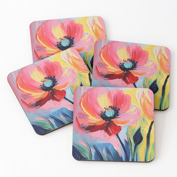 Item preview, Wild Harmony - Vibrant Red Pink and Orange Poppies Dance Against a Bright Yellow and Blue Canvas designed and sold by OlfactoART Studio.
