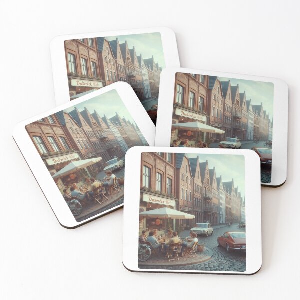 Item preview, Chill 1970s Lübeck – AI Artwork Colorful Streetside Café Scene for City Lovers, Travelers, and Vintage Enthusiasts designed and sold by knalpot-design.