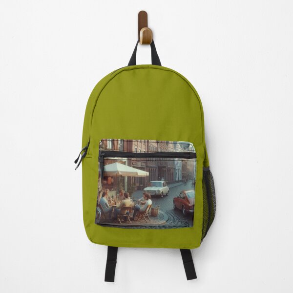 Item preview, Chill 1970s Lübeck – AI Artwork Colorful Streetside Café Scene for City Lovers, Travelers, and Vintage Enthusiasts designed and sold by knalpot-design.