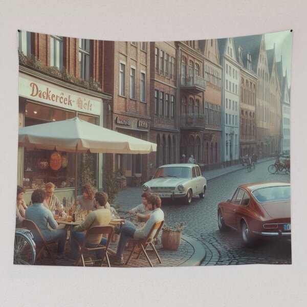 Item preview, Chill 1970s Lübeck – AI Artwork Colorful Streetside Café Scene for City Lovers, Travelers, and Vintage Enthusiasts designed and sold by knalpot-design.