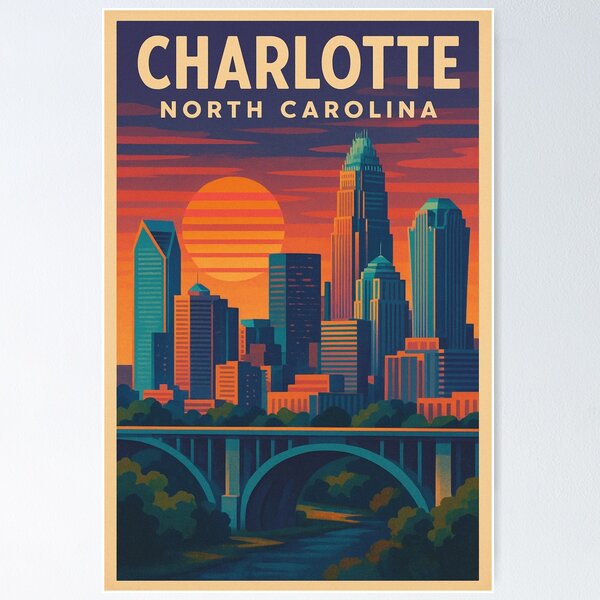 Aperçu de l'œuvre Skyline du centre-ville de Charlotte, Caroline du Nord, avec coucher de soleil et architecture urbaine créée et vendue par placesonearth.