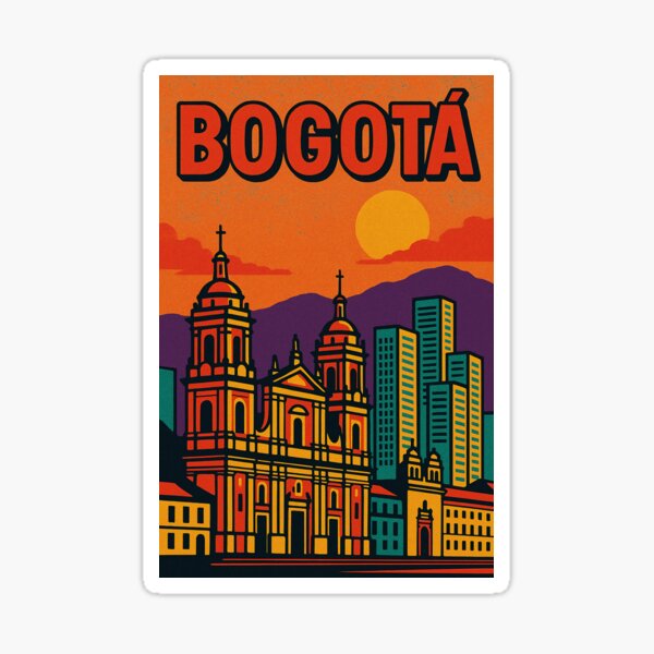 Aperçu de l'œuvre Pop Art rétro coloré de Bogota | Illustration d'un paysage urbain dynamique | Art urbain nostalgique | Ambiance audacieuse et ludique de Bogota | Affiche urbaine d'inspiration vintage créée et vendue par PaintedPixels01.